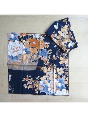 Set of 3 Vintage Floral Cotton Dinner Napkins 17"x17" Navy Orange Blue Rustic